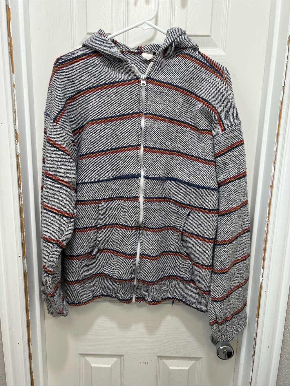 Men's Hooded Zip Sweater - Gray with Navy & Rust Stripes